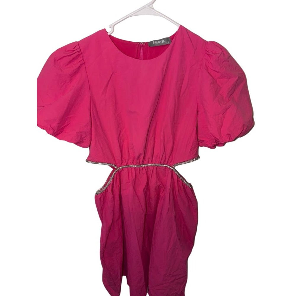 Blue B. Collection Pink Puff Sleeve Cut Out Rhinestone Trim Mini Dress Lize L